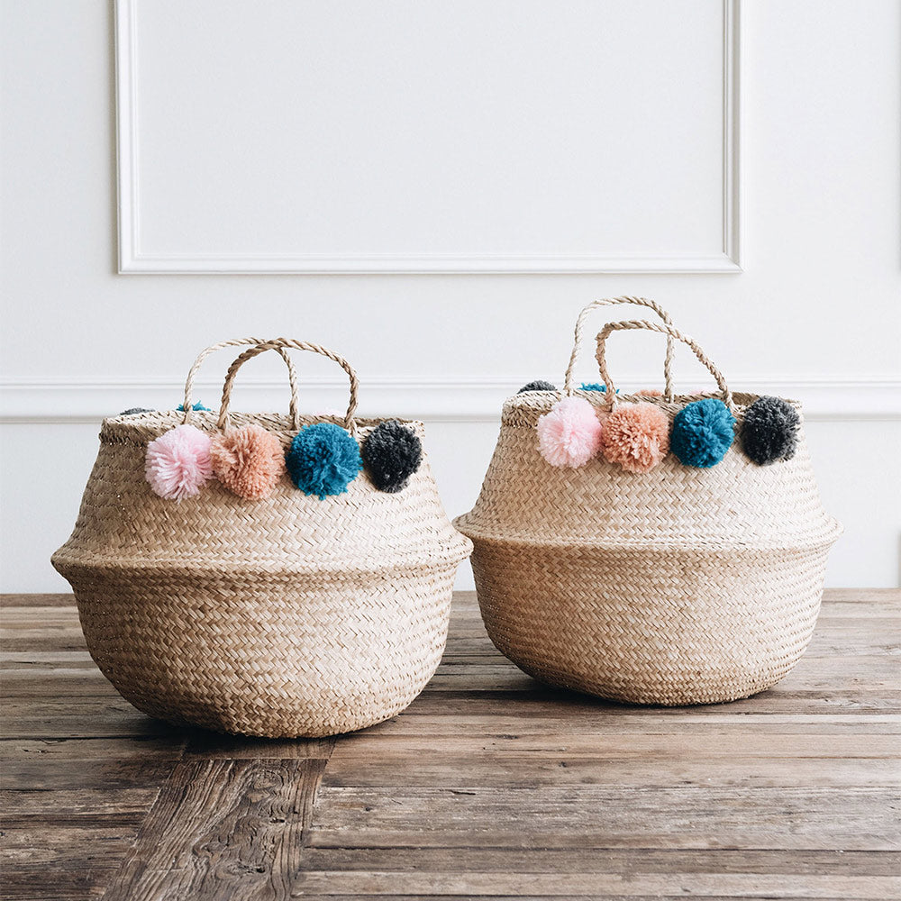 Rudy Pom Pom Belly Basket - Handwoven Decorative Storage Bin for Home Organization | Perfect for Living Room, Nursery, or Bathroom