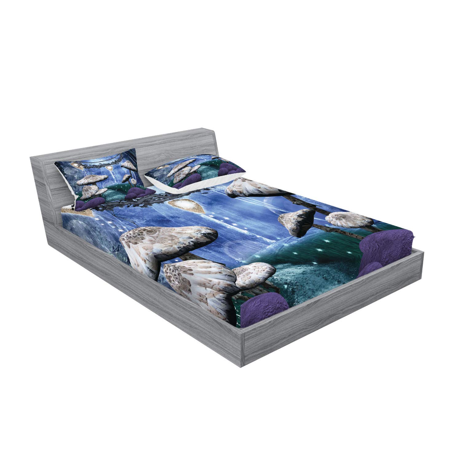 Ambesonne Trippy Fitted Sheet & Pillow Sham Set - Abstract Dreamlike Forest Night Scenery with Mushrooms, Pixie Dust & Bubbles - 3-Piece Printed Bedding Decor Set for King Size Beds in Violet Blue Grey - Perfect for Psychedelic, Bohemian & Fantasy Themed Bedrooms