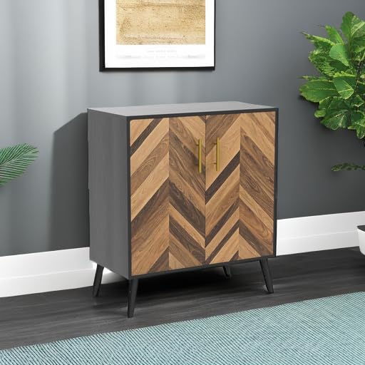 Mid Century Modern Black Accent Cabinet with Doors & Storage Shelves - Small Wood Sideboard Buffet Cabinet for Living Room, Entryway, Office - Brown Herringbone Design - Perfect for Home Decor & Storage Solutions