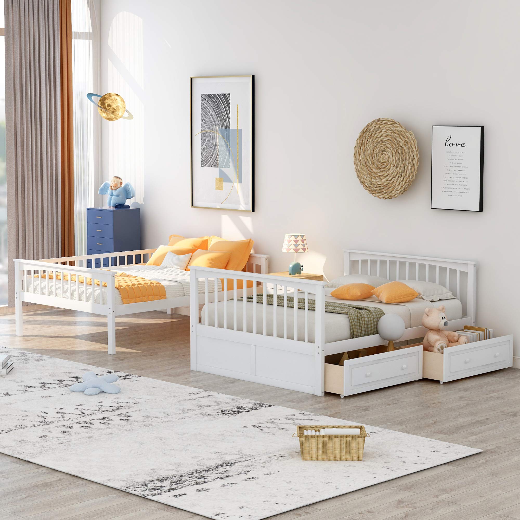 Solid Wood Full Over Full Bunk Bed with Storage Drawers & Ladder - Convertible to Twin Daybeds for Kids & Guest Rooms