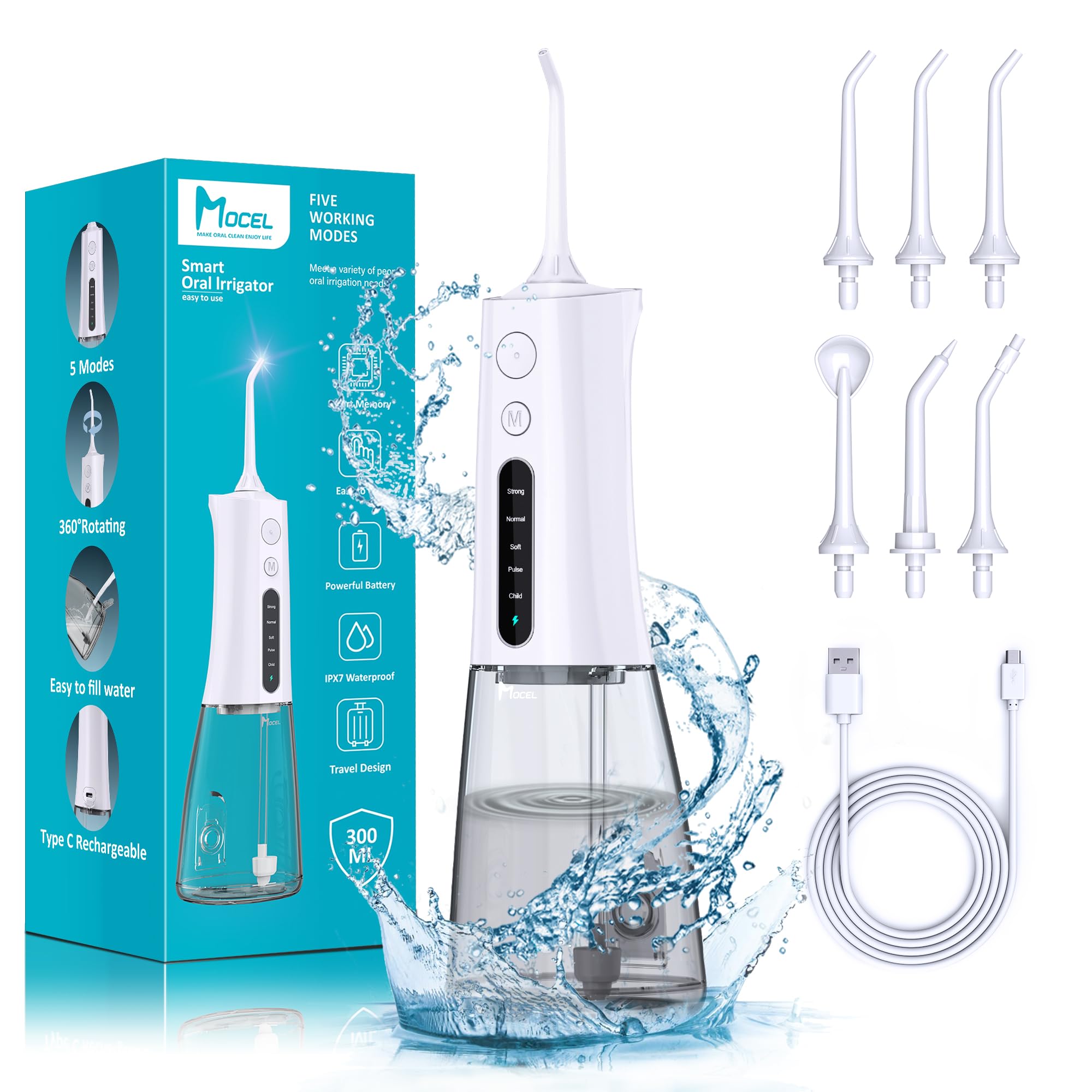 MOCEL Cordless Water Dental Flosser - 5 Modes Portable Oral Irrigator with 300ML Tank, USB-C Rechargeable & IPX7 Waterproof - Teeth Cleaning & Gum Care for Home, Travel, and Office Use (White)
