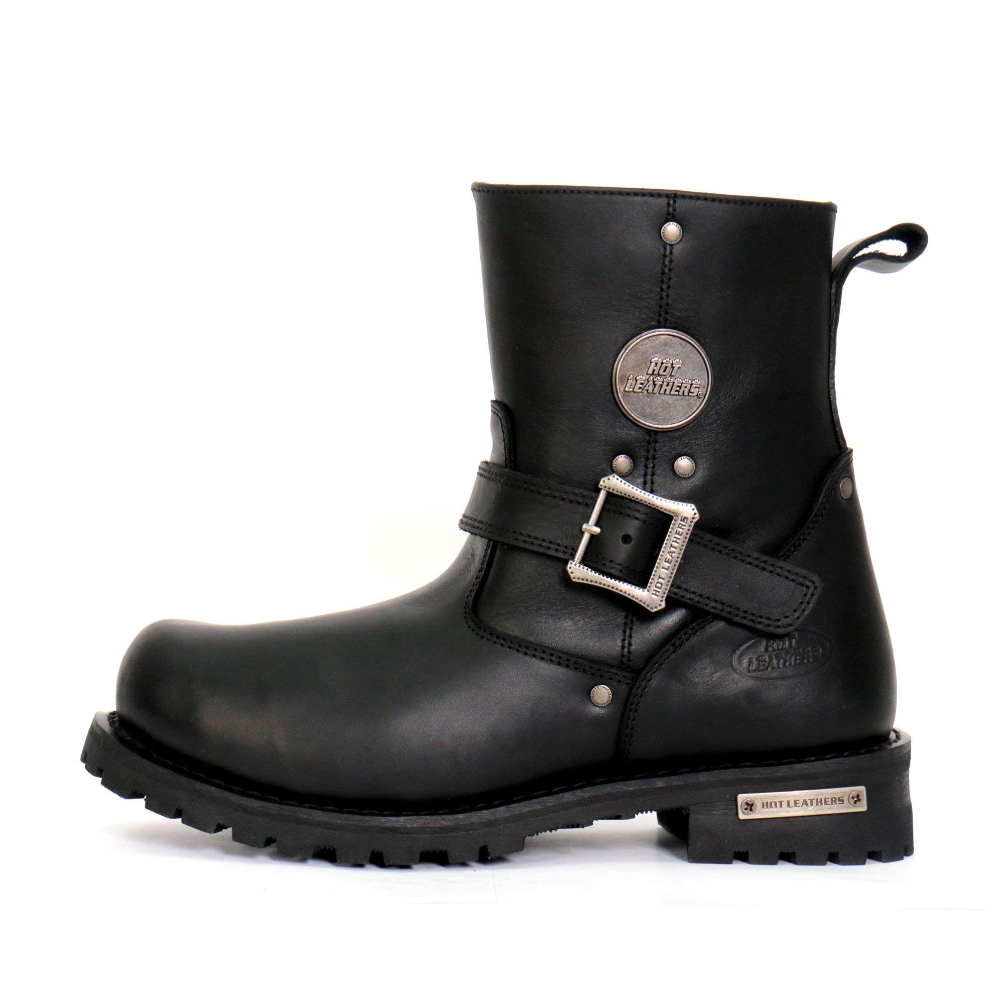 Hot Leathers BTM1008 Men's Black 8-Inch Round Toe Engineer Leather Boot with Lug Sole - Size 14 | Durable Work Boots for Construction, Motorcycle Riding & Outdoor Activities