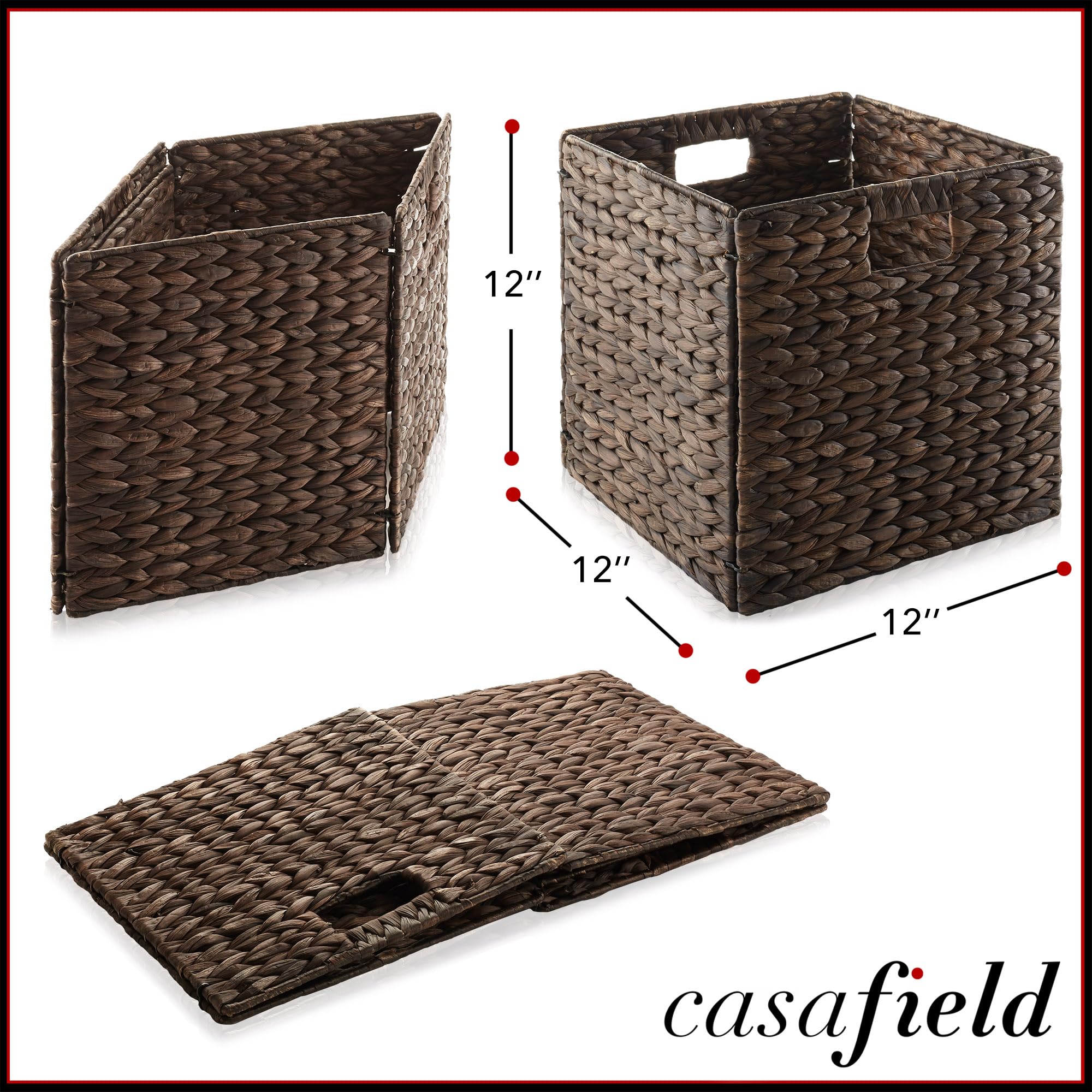 Casafield 12x12 Inch Water Hyacinth Storage Baskets - Set of 2 Collapsible Woven Cube Organizers for Home Organization | Bathroom Shelving, Bedroom Closet, Laundry Room, Pantry Storage & Shelf Bins | Natural Espresso Brown Home Decor Basket