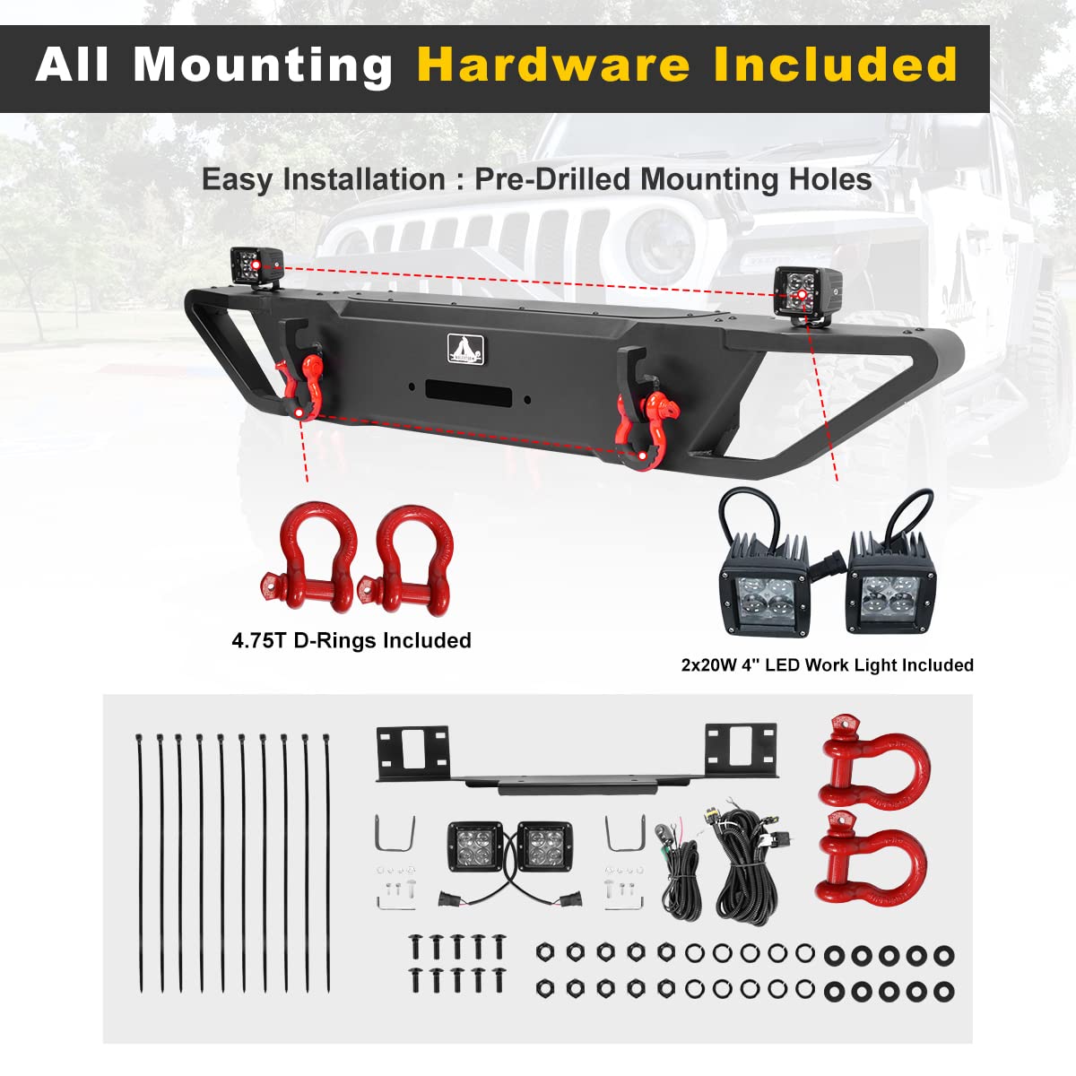 NIXON OFFROAD Heavy Duty Front Bumper Combo for 2007-2018 Jeep Wrangler JK & Unlimited - Winch Ready with Plate Mounting, 2 D-Rings & 2 LED Lights - Textured Black Powder Coated Full Width Steel Rock Crawler Off-Road Bumper - Perfect for Trail Riding, Rock Crawling & Overland Adventures