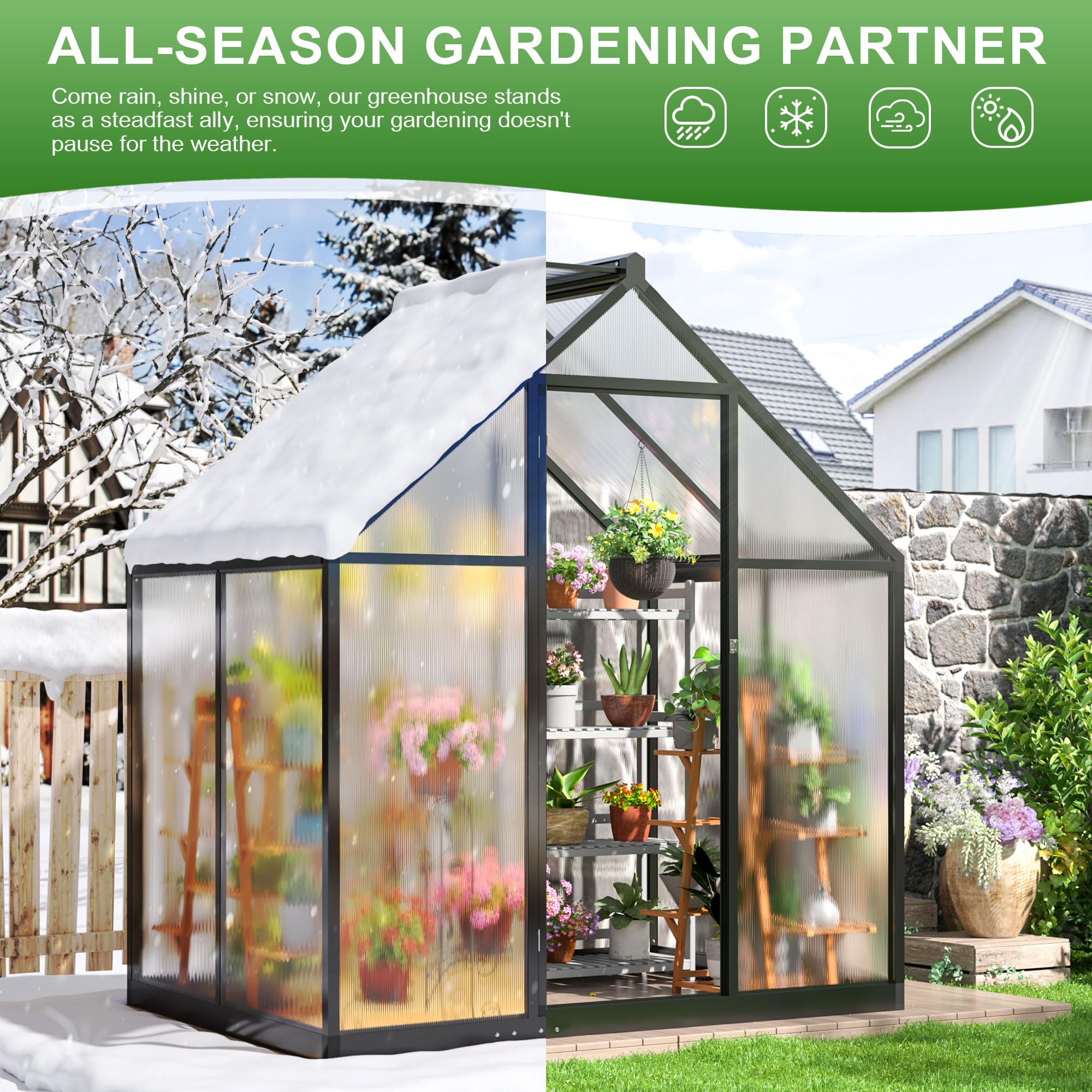 4x6 FT Polar Aurora Greenhouse - Quick Assembly Aluminum Frame with Polycarbonate Panels, Walk-in Outdoor Greenhouse for Backyard Garden with Ventilated Windows | Perfect for Growing Vegetables, Herbs & Flowers Year-Round