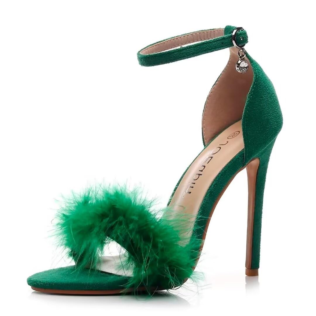 JOEupin Women's Fluffy Marabou Feather High Heel Strappy Sandals with Fur - Sexy Party Shoes for Evening Events, Date Night & Special Occasions