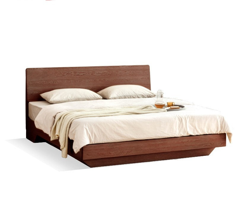 Solid Oak & Black Walnut Wood Floating Platform Bed with LED Lighting - Modern Bedroom Furniture for Contemporary Home Decor