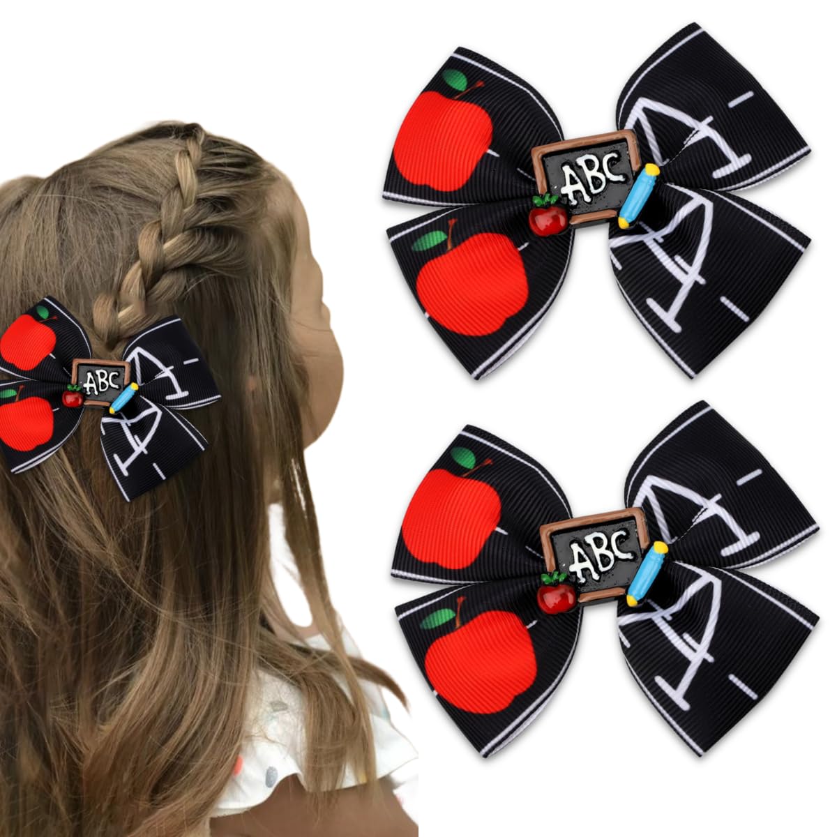 Elegant Bow Hair Clips for Girls - 2PCS Cute Hair Accessories with Fruit, Pencil & Letter Designs - Perfect for School, Parties & Hair Styling - French Tip Hairpins for Elegant Hair Decorations