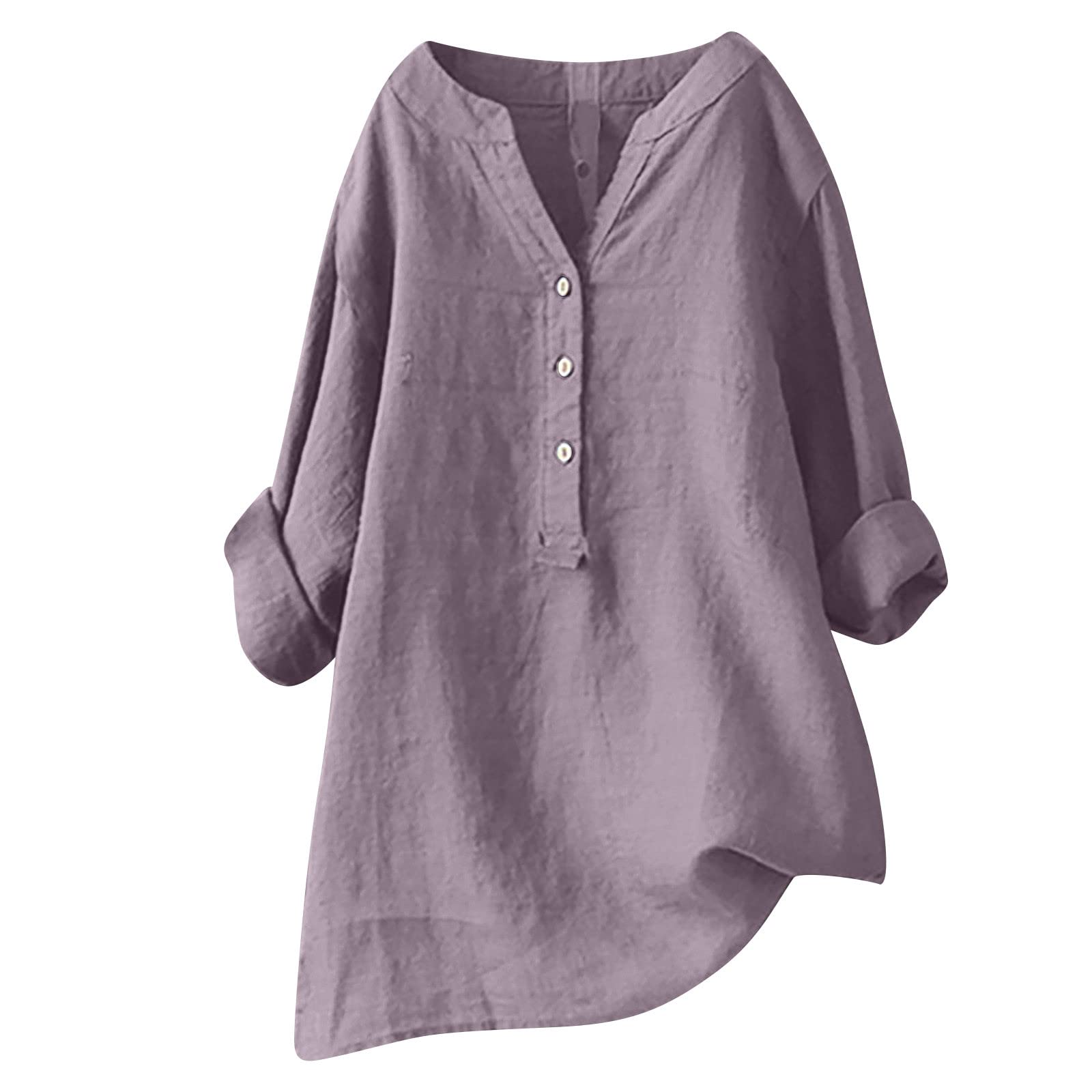 2024 Plus Size Women's Linen Long Sleeve V-Neck Blouse - Casual Solid Color Tops for Spring | Office Wear & Weekend Outfits