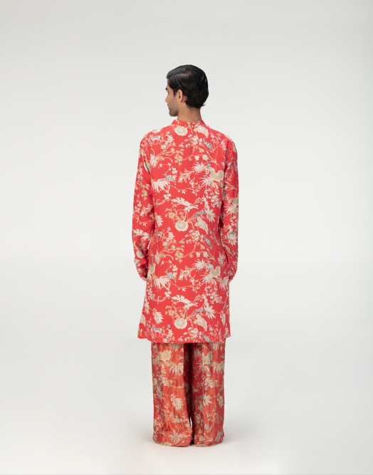 Bade Miyan Kurta Muga Satin Silk Red - Traditional Indian Men's Kurta for Festivals & Weddings