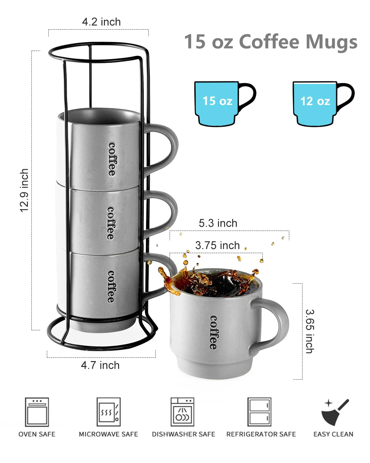 Stackable 15oz Porcelain Coffee Mug Set with Storage Rack - 4 Pack Grey Cups for Coffee, Tea, Cocoa & Milk - Perfect for Thanksgiving, Office, Kitchen & Home Decor