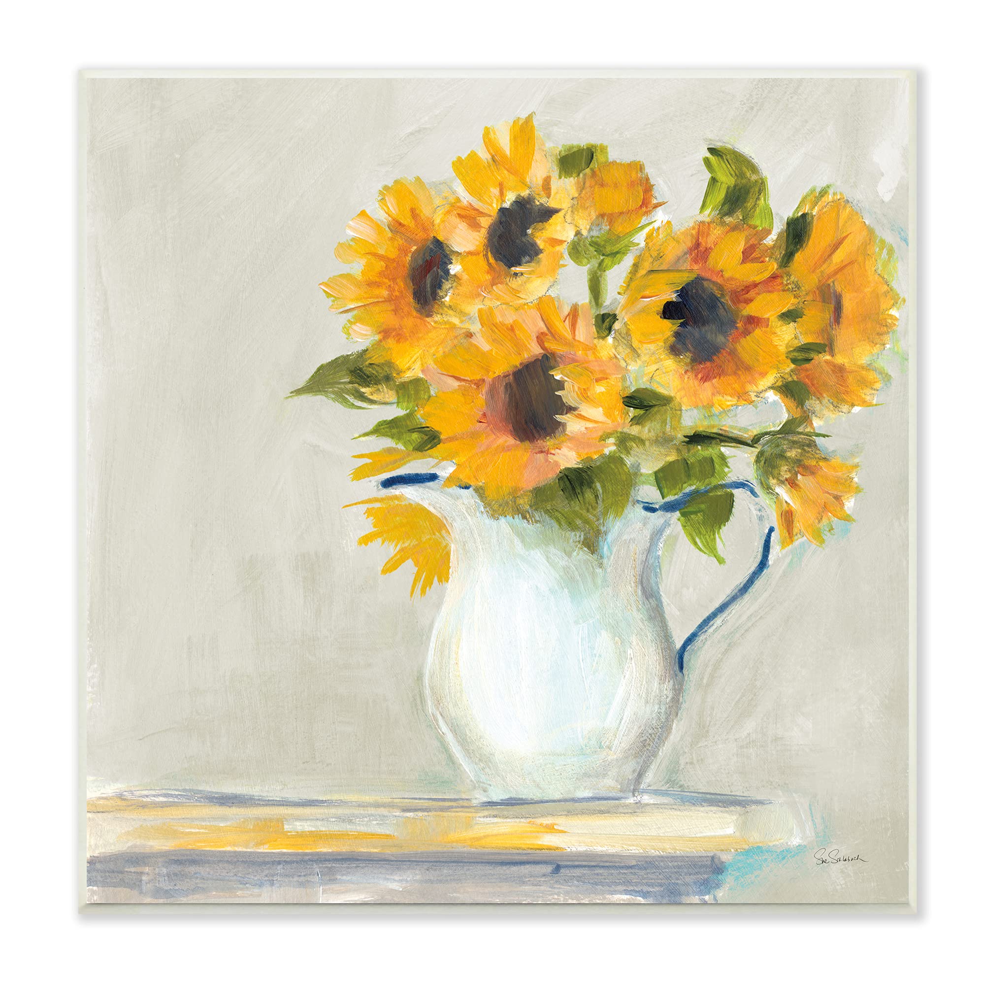 Stupell Industries Soft Petal Sunflower Vase - Country Milk Jar Wall Plaque by Sue Schlabach - 12x12 Inch Yellow Home Decor - Perfect for Farmhouse, Rustic & Country Style Living Rooms