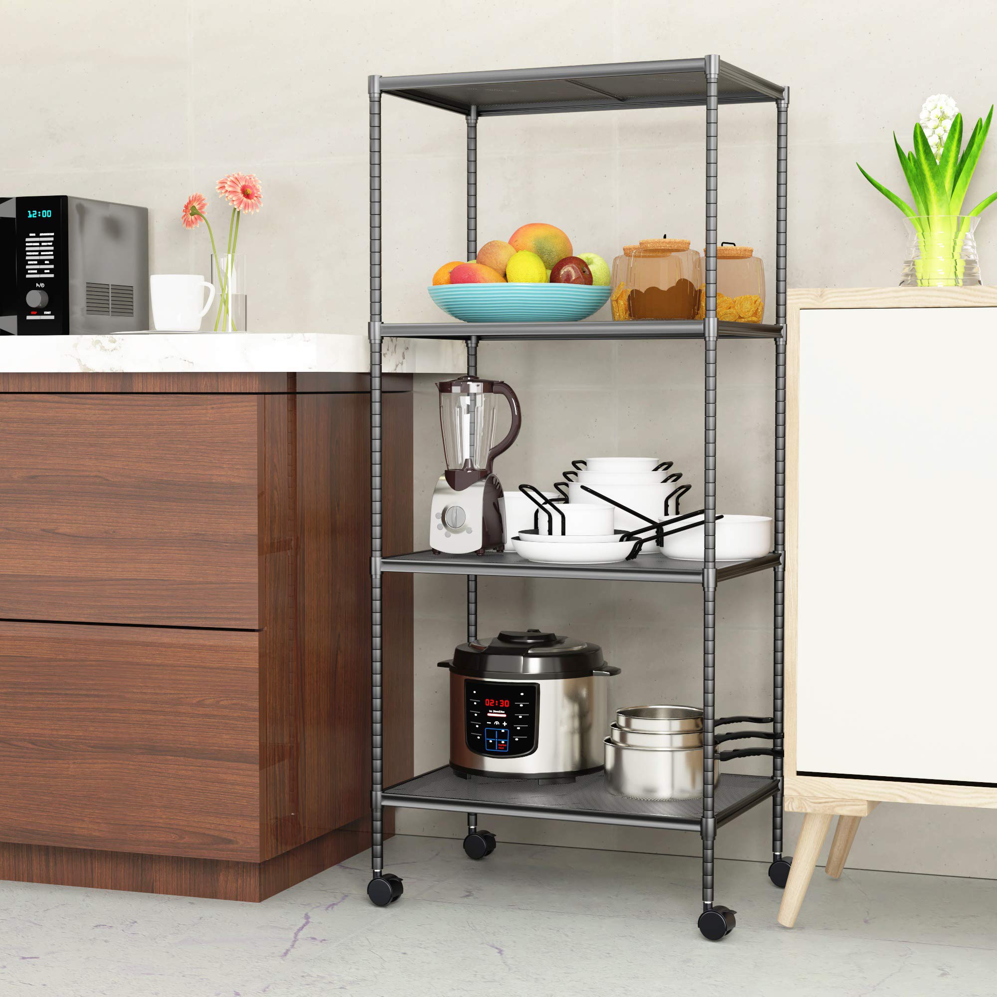 OVICAR 4-Tier Heavy Duty Wire Storage Shelves - Adjustable Metal Shelving Unit with Locking Wheels - Steel Garage Shelf Organizer for Kitchen, Pantry, Laundry, Closet & Tool Storage - Perfect for Home Organization & Commercial Use (Black)