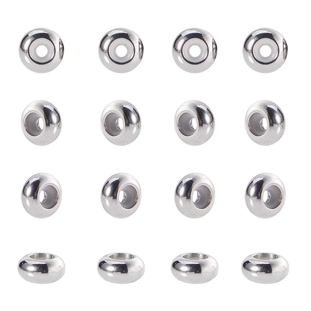 50pcs 6mm Stainless Steel Flat Round Beads with Adjustable Slider Clasps - 1.5mm Hole Stopper Beads with Rubber Inside for DIY Jewelry Making - Perfect for Bracelets, Necklaces, Earrings & Craft Projects