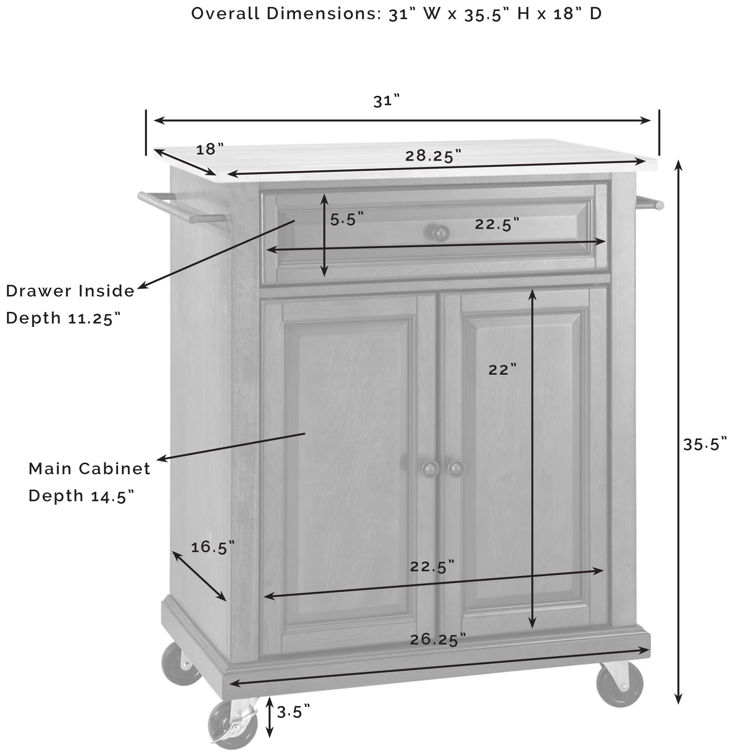 Crosley Black Compact Rolling Cart with Stone Top & Shelves - Microwave Stand, Towel Rack for Kitchen, Bathroom, or Office Storage