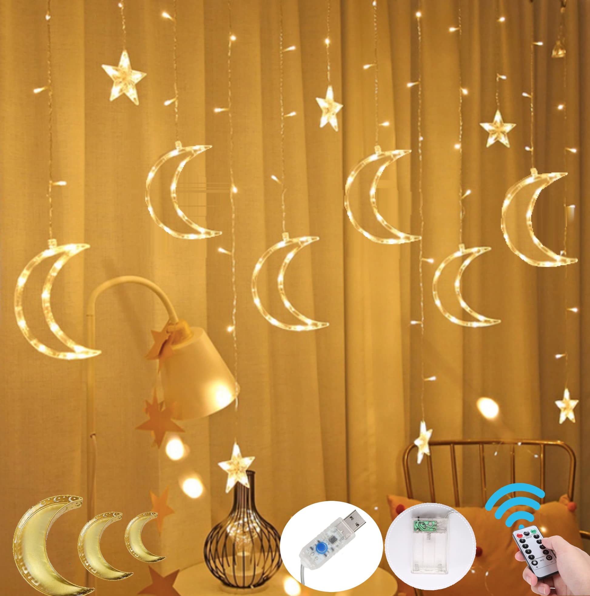 138 LED Moon and Stars Window Curtain Lights with 8 Flashing Modes - Remote Control, Battery & USB Powered Warm White Holiday Decor for Christmas, Bedroom, Party & Wedding Decorations