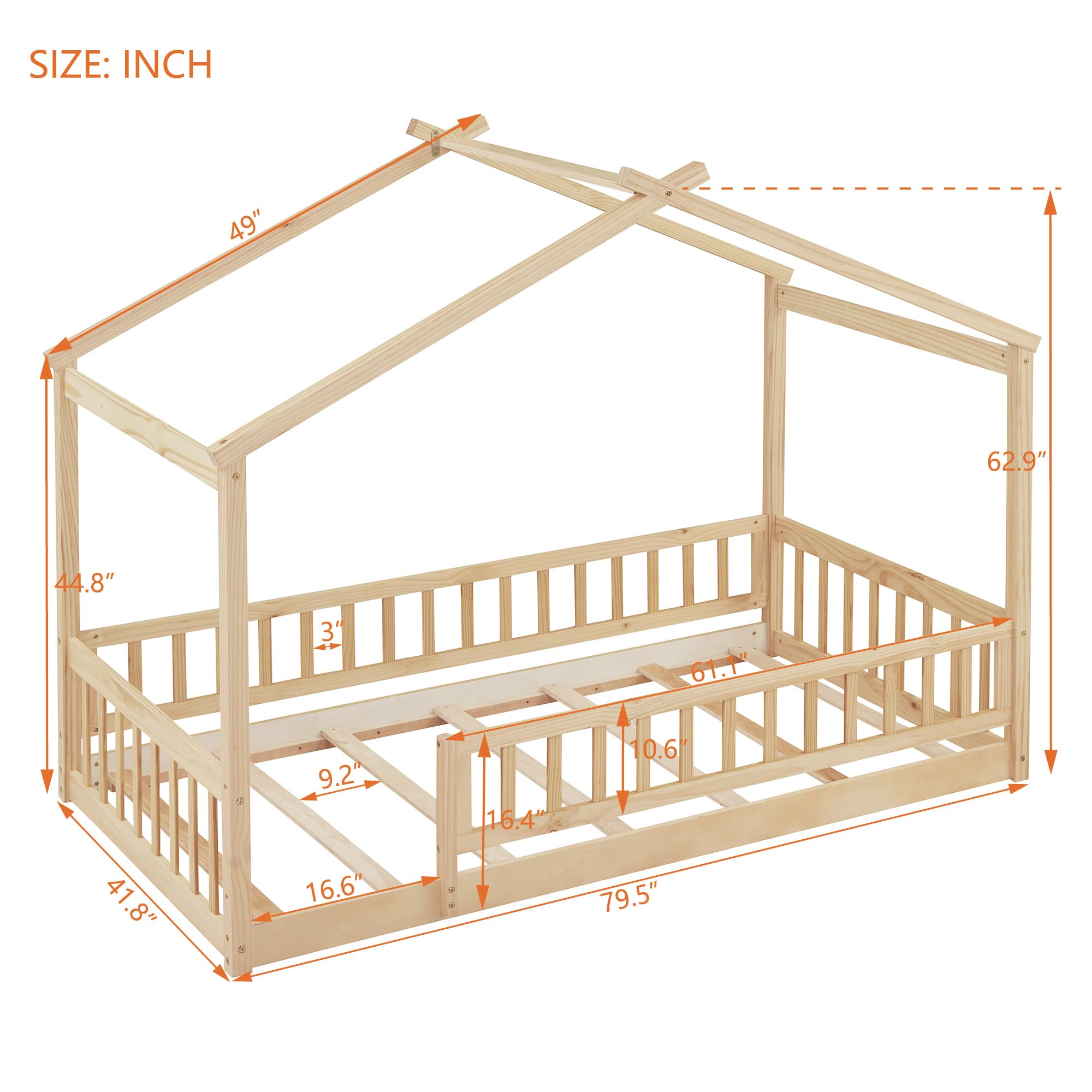 Montessori Twin Size Floor Bed for Kids - Wooden Bed Frame with Safety Fence Railing for Boys & Girls - No Box Spring Needed - Natural Finish - Perfect for Toddler Rooms & Montessori Classrooms