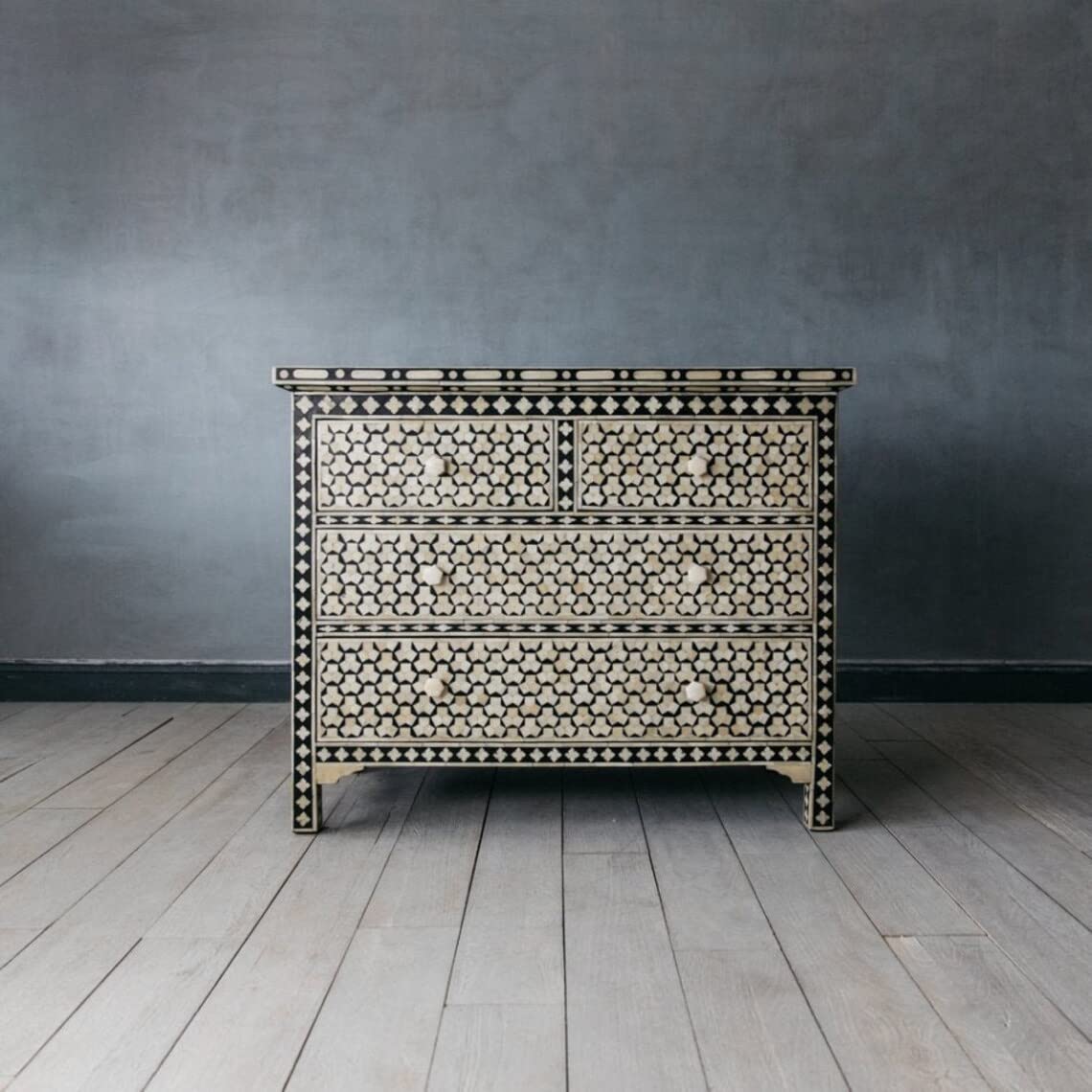 CustomHouzz Black Floral Bone Inlay Dresser - 4-Drawer Storage Cabinet for Bedroom, Hallway & Entryway | Sturdy Targua Wood Chest with Decorative Inlay Design | Perfect for Clothes, Linens & Home Organization