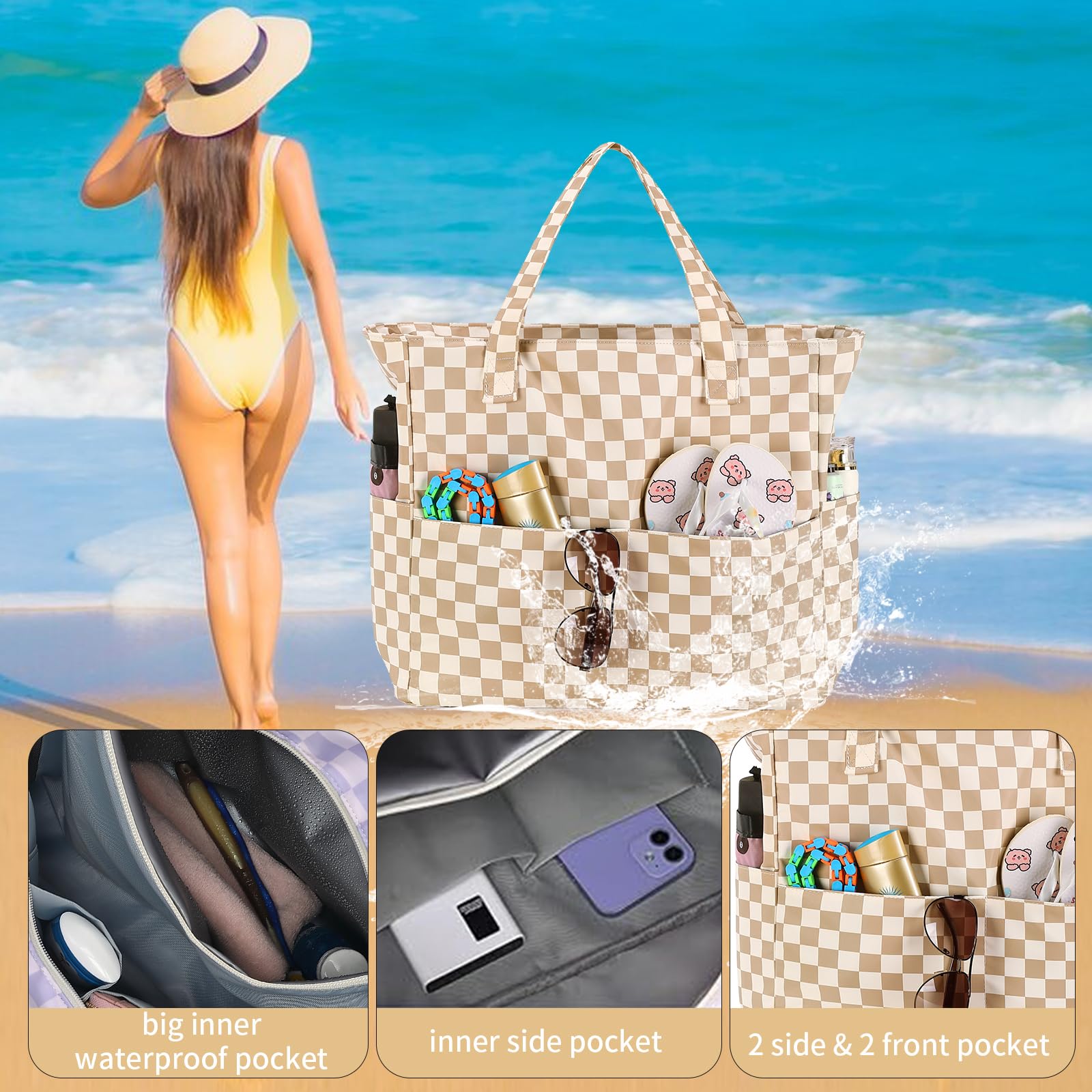 Waterproof Large Beach Tote Bag for Women - Sandproof Zippered Pool & Gym Bag with Wet Pocket - Perfect for Travel, Grocery Shopping & Beach Days
