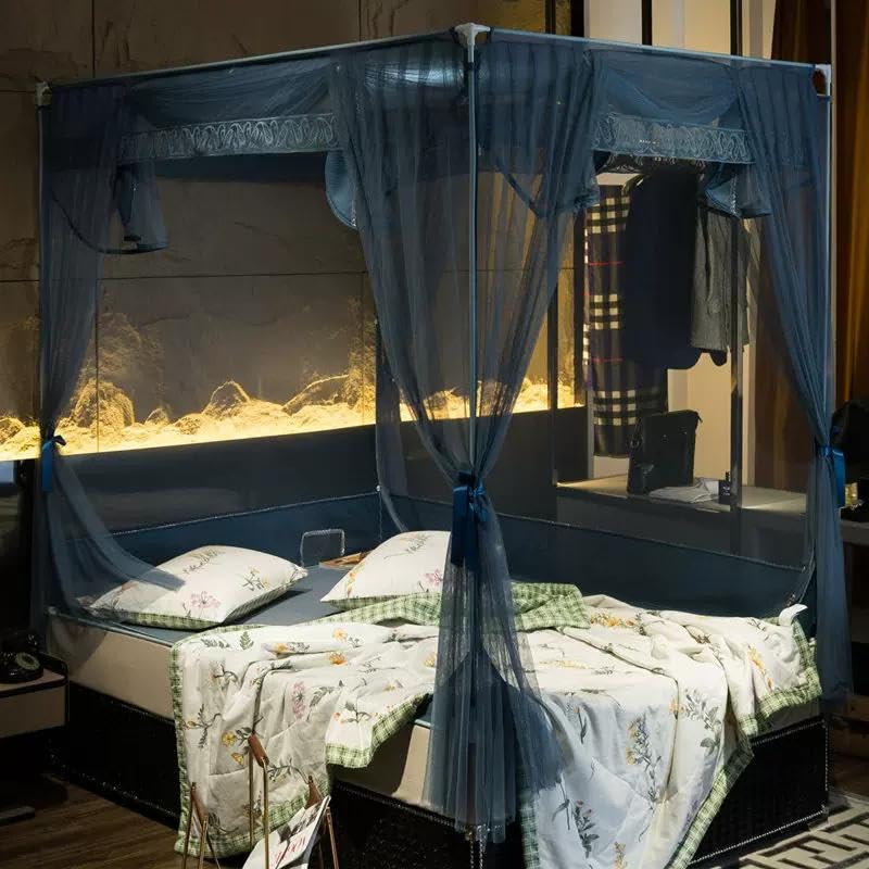 Stainless Steel Mosquito Net Bed Canopy Tent - Dark Blue 150x200cm for Queen Size Bed | Bedroom Decor & Outdoor Camping Protection