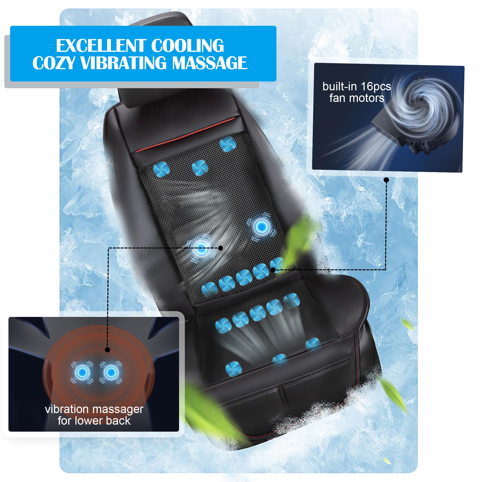12V Cooling & Heating Car Seat Cushion with 16 Fans - Breathable Automotive Seat Cover for Summer & Winter - Massage Function Black (1PCS) | Perfect for Long Drives, Road Trips & Commuting