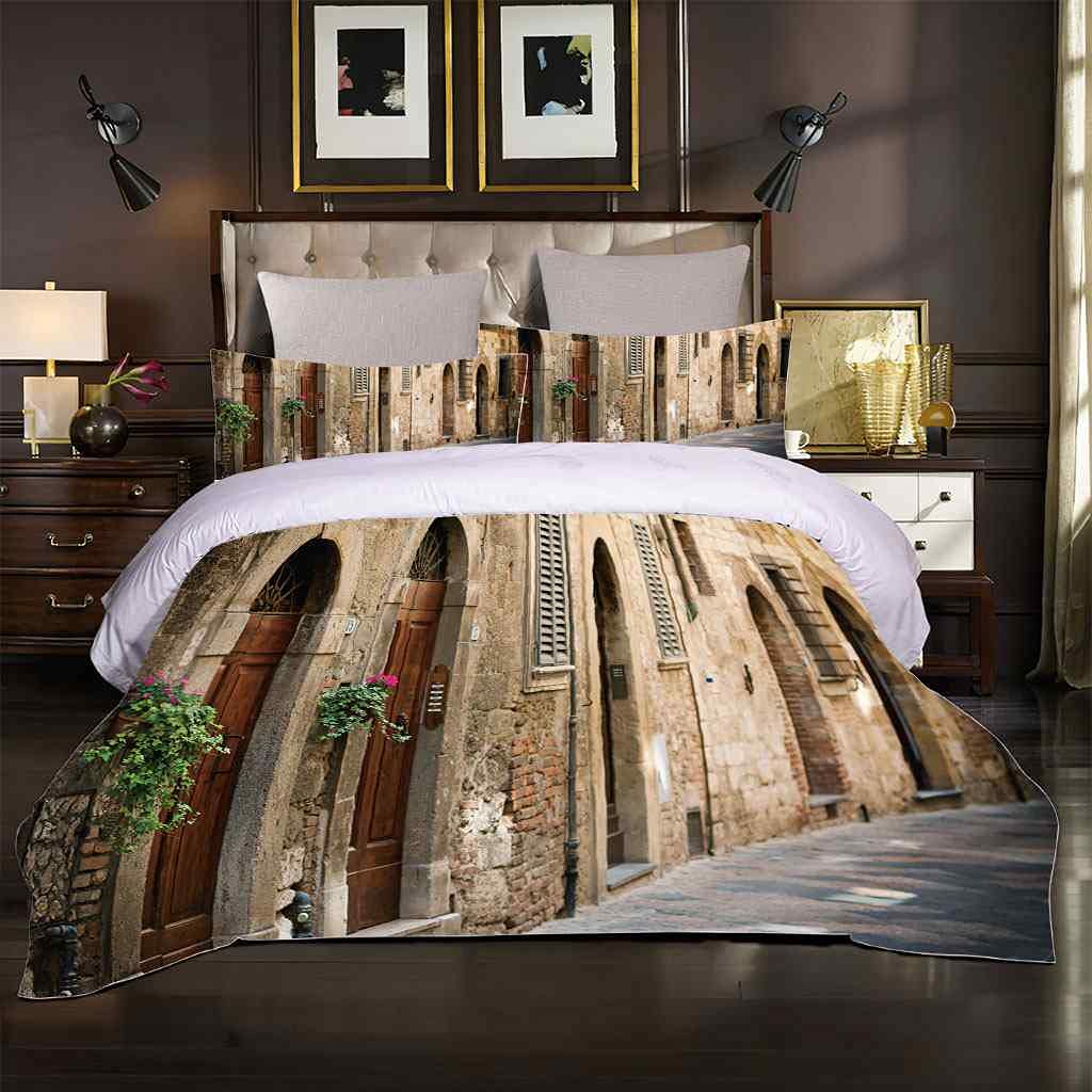 Queen Size Duvet Cover Set 90x90 Inches - Modern Retro Street Scenery Design, Soft Microfiber Comforter Cover with Zipper Closure & Corner Ties, Includes 2 Pillow Shams - Perfect for Bedroom Decor, Guest Room & Cozy Home Styling