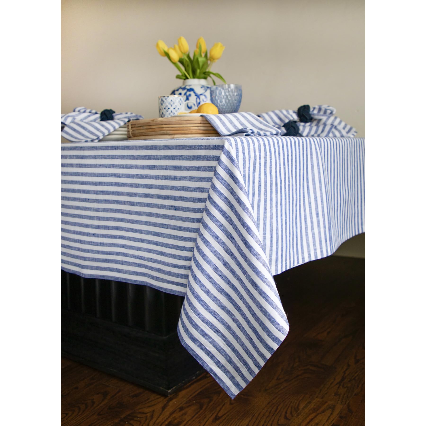 Solino Home 100% Pure Linen Tablecloth 60x108 Inch - Navy & White Striped Dining Table Cloth for Spring, Easter, Mother's Day Decor - Handcrafted, Machine Washable - Perfect for Farmhouse, Coastal, and Rustic Dining Room Decorations
