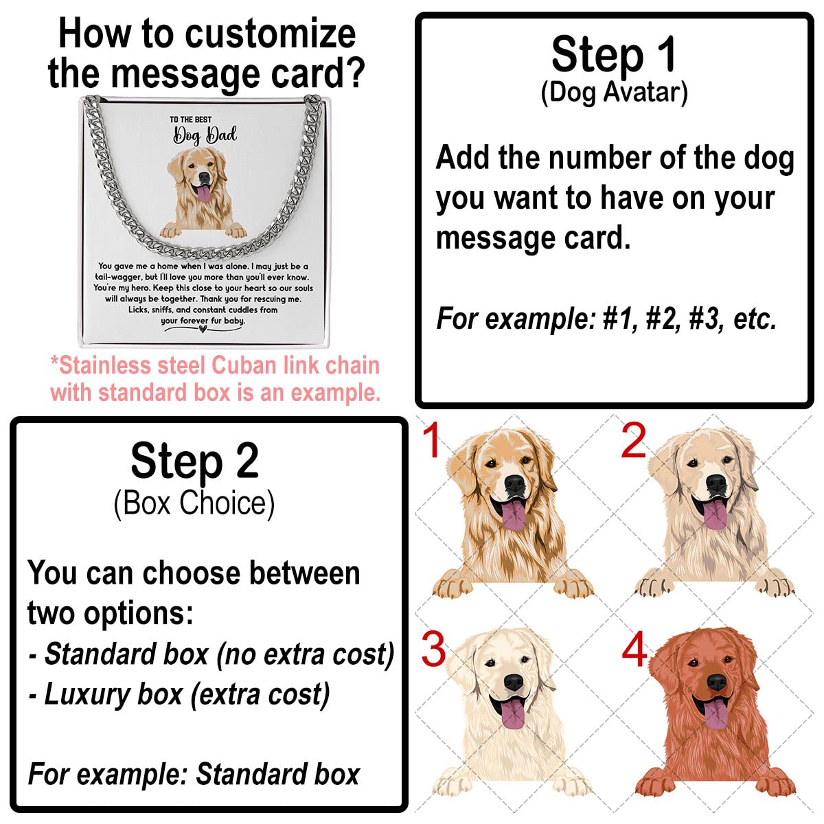 Golden Retriever Dog Dad Cuban Chain Necklace - Personalized Message Box Jewelry Gift for Pet Owners - Perfect Thank You & Appreciation Present for Fur Dads & Paw Dads - Great for Birthdays, Anniversaries & Father's Day