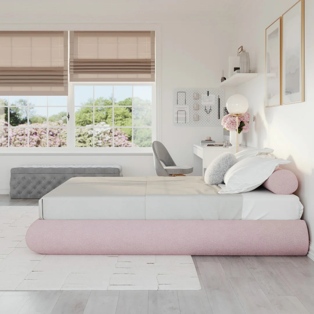 Luna Bed Frame - Queen Size Platform Bed with Upholstered Headboard, Cotton Candy Pink Fabric | Modern Bedroom Furniture for Girls, Teens, and Adults