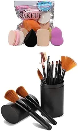 AIR BEAUTY Professional 12-Piece Makeup Brush Set - Foundation, Eyeshadow, Eyebrow, Eyeliner, Blush, Concealer & Contour Brushes with 6-in-1 Puff - Perfect for Everyday Makeup, Travel & Professional Use (Black)