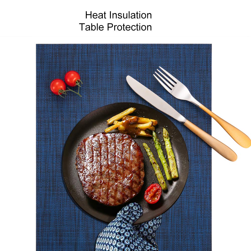 Myir JUN Set of 6 Non-Slip Heatproof Washable Woven Placemats - PVC Fabric Dining Table Mats for Indoor Use (Dark Blue) - Perfect for Everyday Meals, Dinner Parties & Home Decor