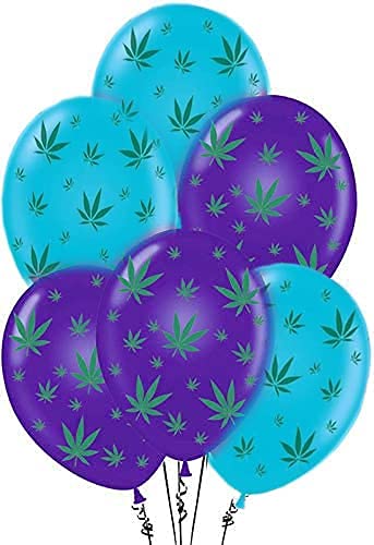 Premium 11in Purple & Turquoise Marijuana Balloons with All-Over Green Leaf Print - Pack of 25 for Parties, Events & Cannabis-Themed Celebrations