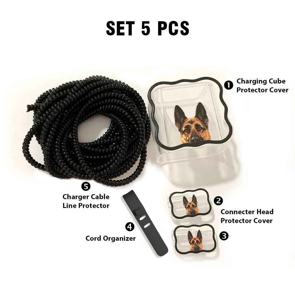 Wirester 5-in-1 Cable Protector Set for 18W/20W USB-C Charger - Durable Charging Cable Cover with German Shepherd Design, Compatible with iPhone 11/12/13/14/15 Pro Max & Adapters - Perfect for Home, Office & Travel Use
