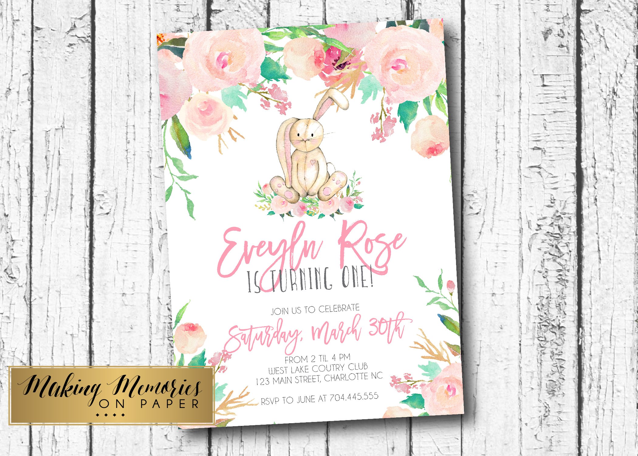 Printable Easter Birthday & Baby Shower Invitation - Watercolor Pink Floral Bunny Design for Girls | Perfect for Spring Celebrations, Easter Parties & Its a Girl Announcements