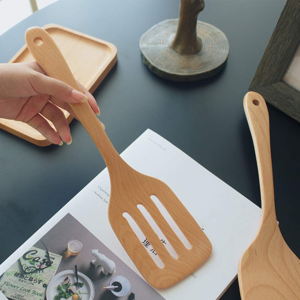 2-Pack Hemoton Wooden Cooking Utensils - Natural Bamboo Spatula Set for Non-Stick Pans & Woks - Wooden Mixing Spoon & Long Handle Kitchen Tools - Perfect for Baking, Frying & Stir-Frying