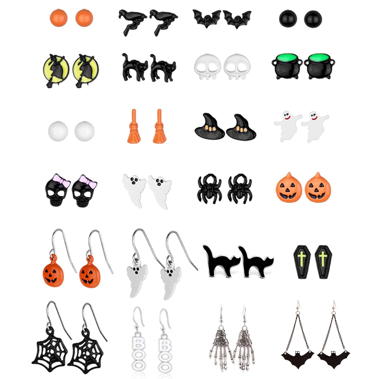Halloween Earrings for Women - Bat, Cat, Witch, Spider Web, Skull & Pumpkin Dangle Earrings Set | Spooky Jewelry for Halloween Costume & Party Outfit Accessories