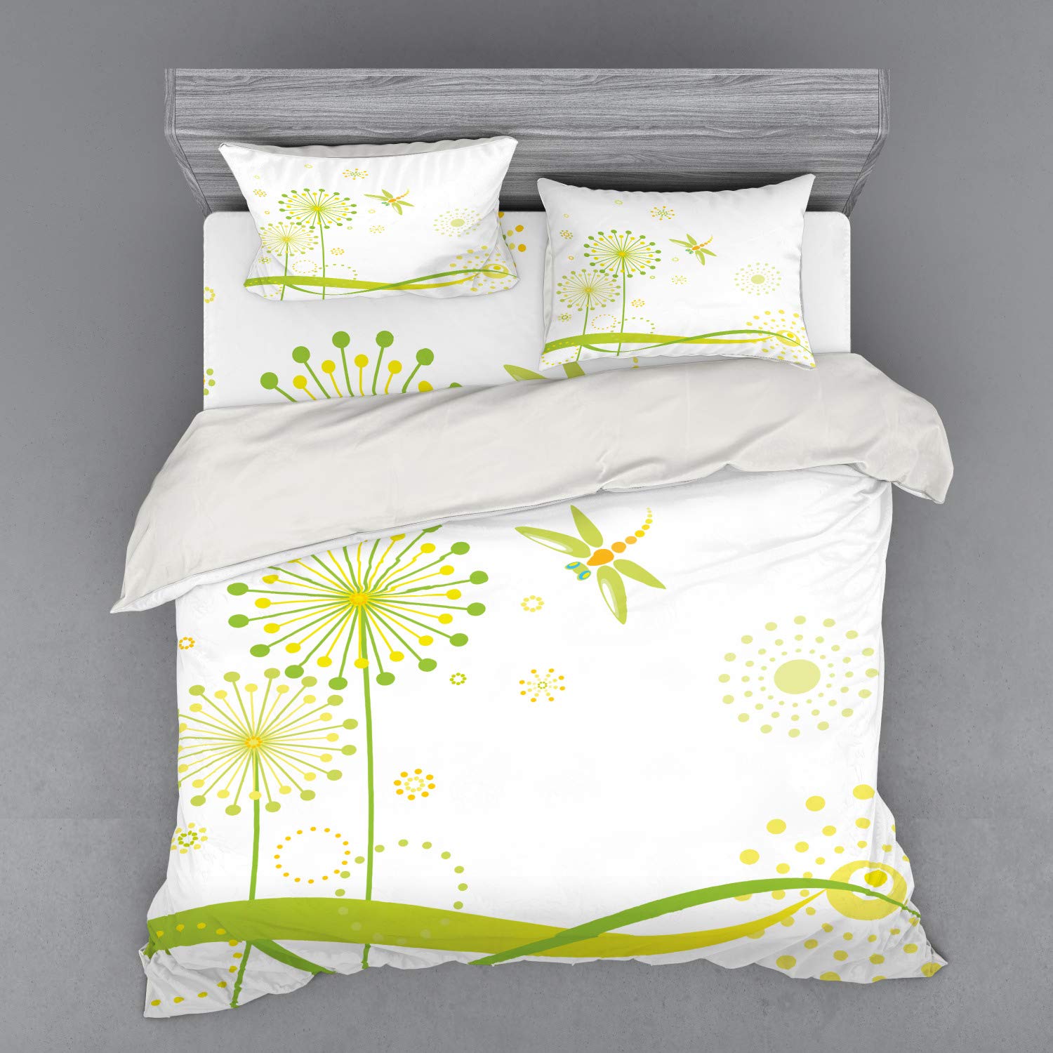 Ambesonne Dragonfly Duvet Cover Set - 4 Piece King Size Bedding with Shams & Fitted Sheet, Spring Summer Floral Design in Lime & Apple Green - Perfect for Guest Rooms, Master Bedrooms & Bohemian Home Decor