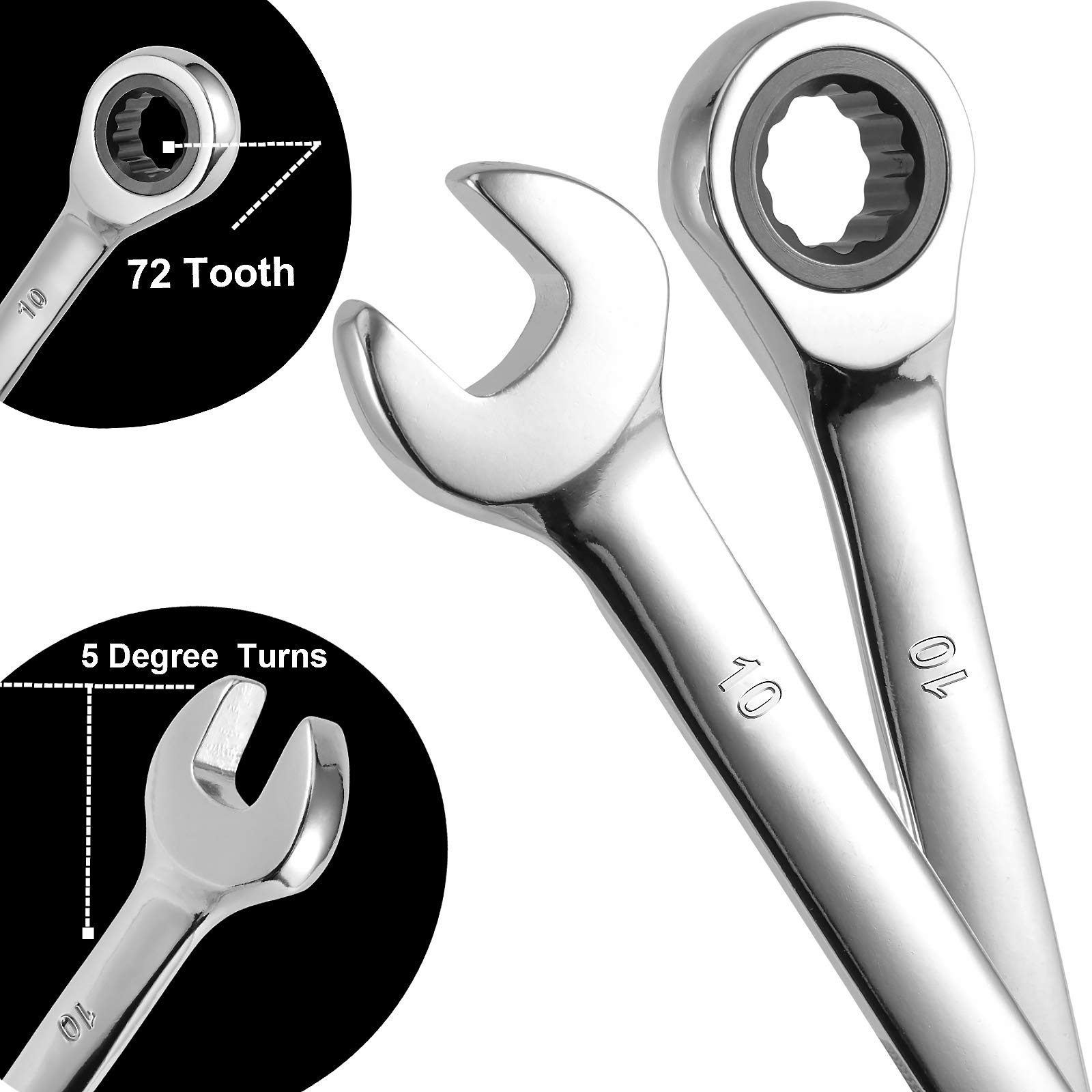 2-Piece 10mm Ratchet Wrench Set with Combination Wrench - 5° Swing Arc & 72-Tooth Gear for Tight Spaces - Ideal for Automotive Repair, Plumbing, and DIY Projects