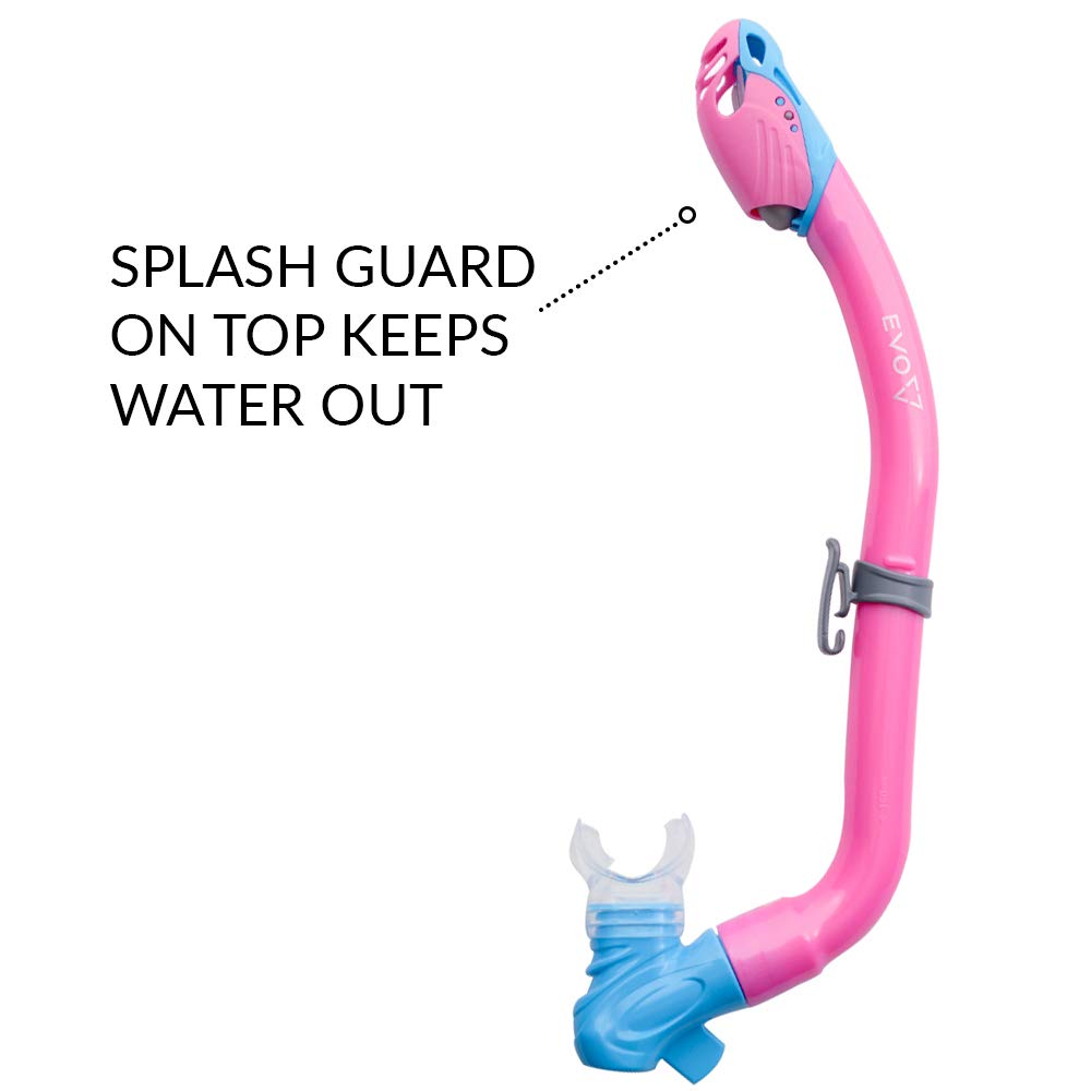 EVO One Dry Snorkel for Kids - Comfortable Snorkeling Gear with Splash Guard & Lower Purge Valve | Perfect for Swimming, Beach Vacations & Underwater Adventures | Safe & Easy Breathing for Children Ages 6-12
