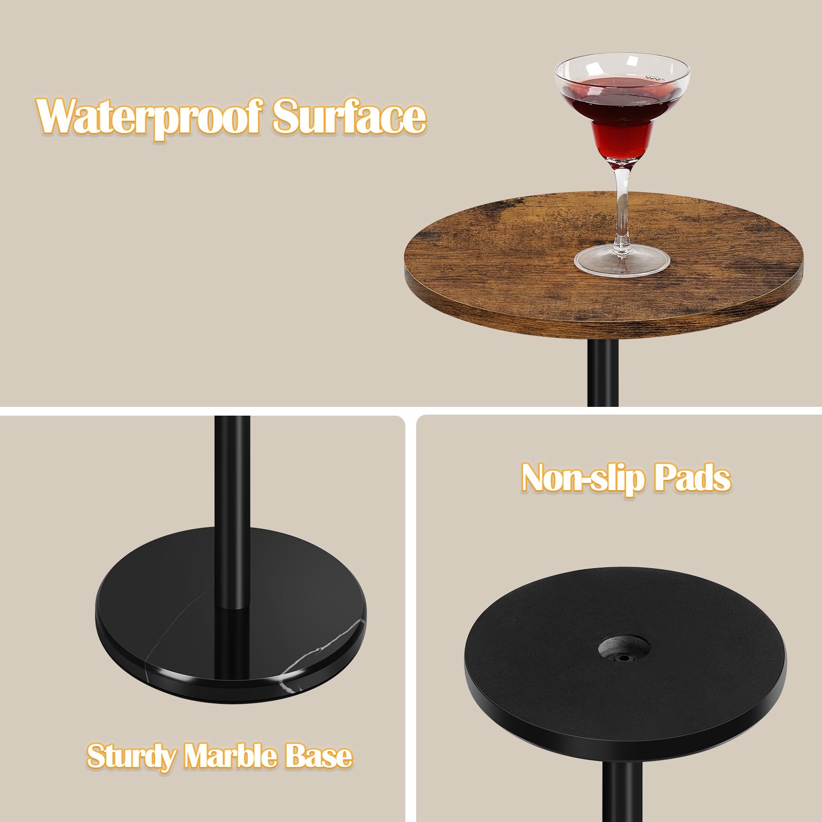 2-Piece Round Side Table Set with Marble Base - Small Drink Pedestal Accent End Coffee Cocktail Table for Living Room, Sofa, Outdoor Use (Brown & Black) - Perfect for Small Spaces, Patio, and Home Decor