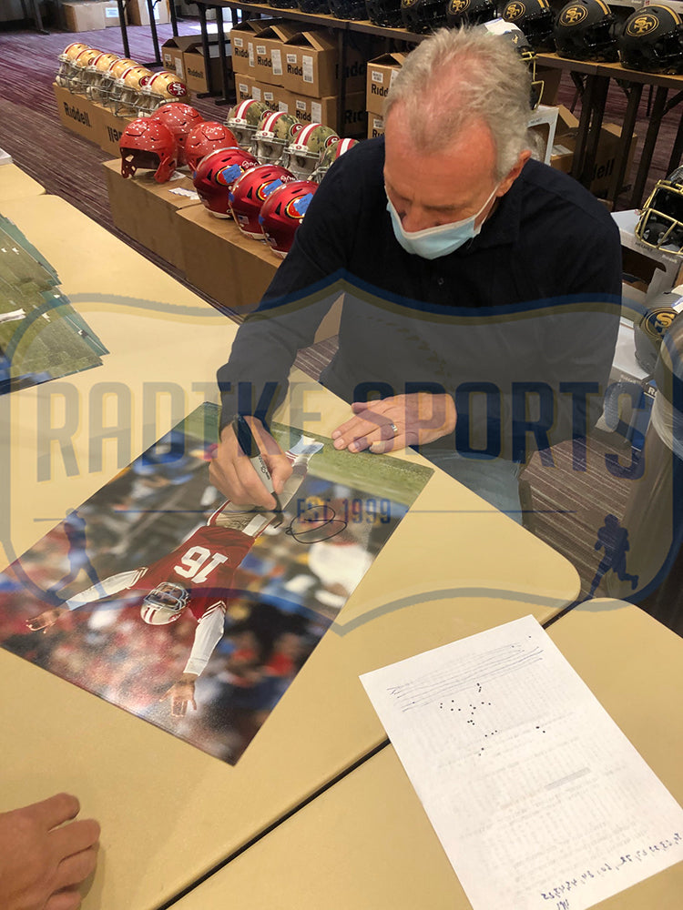 Joe Montana Autographed San Francisco 49ers 16x20 NFL Photo - Red Jersey Arms Up - Perfect for Football Memorabilia Collections, Man Cave Decor, and 49ers Fan Gifts