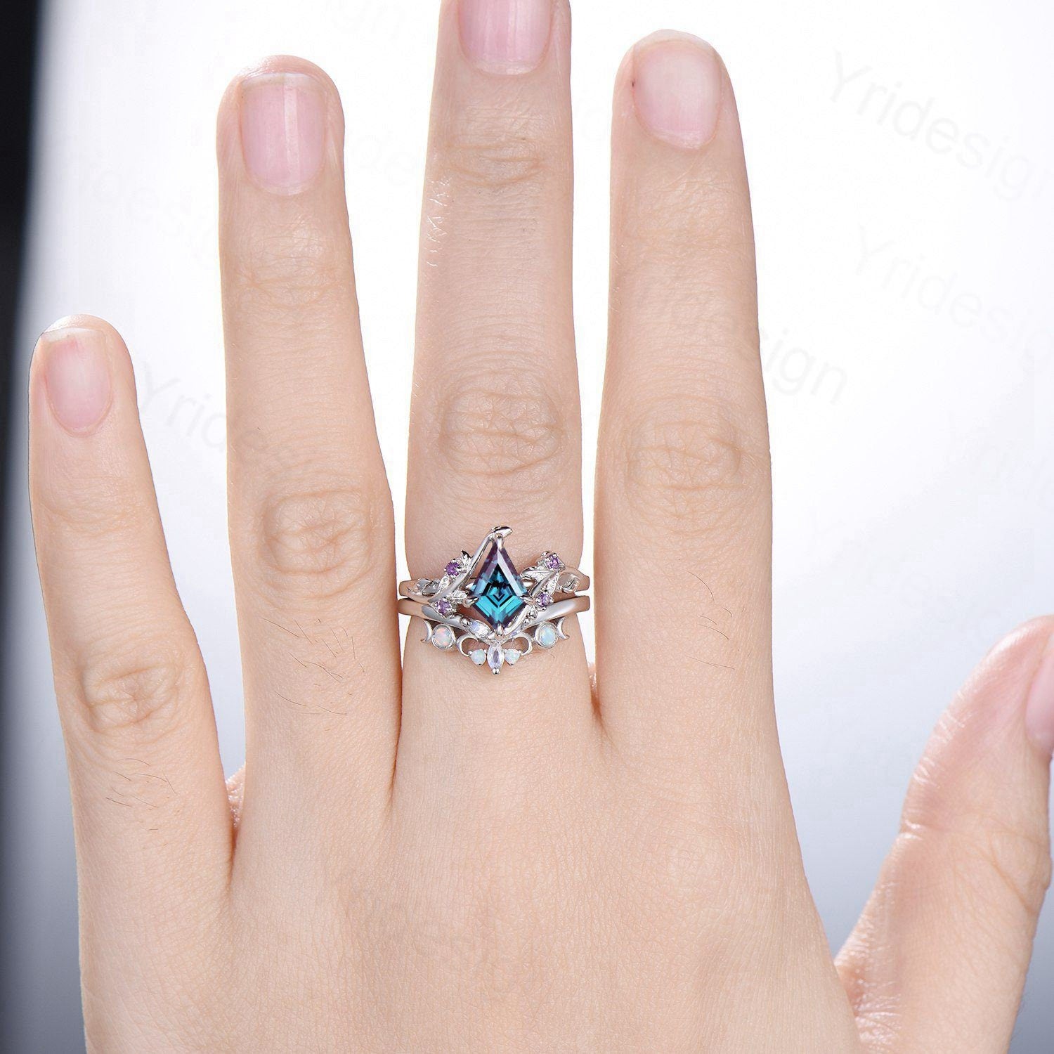 Nature Inspired Alexandrite Kite Engagement Ring Set with Twig Cluster & Amethyst Wedding Band | Vintage Marquise Moonstone Opal Stacking Rings for Women | Perfect for Boho Weddings, Anniversary Gifts & Everyday Jewelry