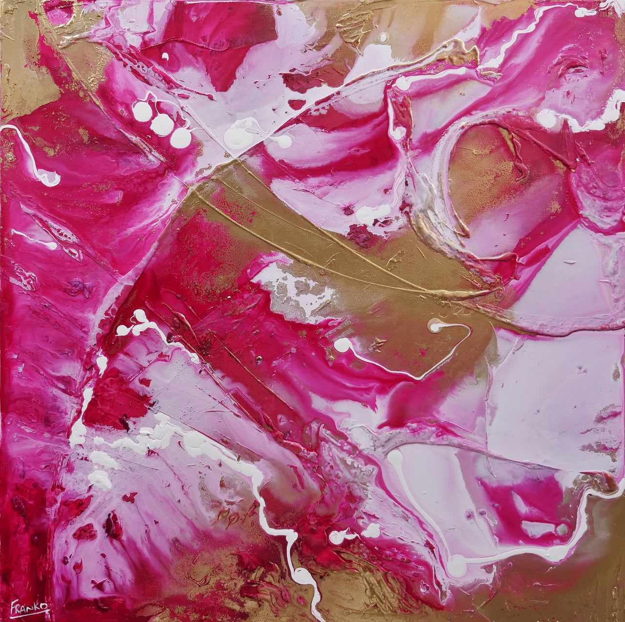120cm x 120cm Gold Pink White Textured Abstract Canvas Painting - Modern Wall Art for Living Room, Bedroom & Office Decor