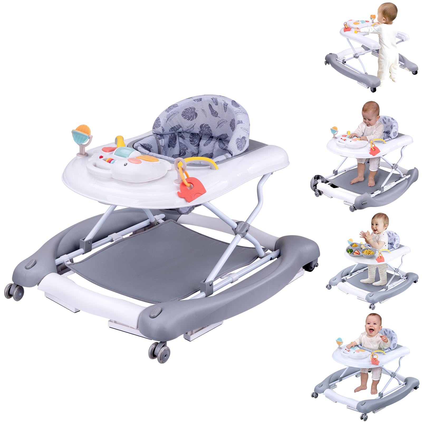 5-in-1 Foldable Baby Walker with Detachable Trampoline Mat - Adjustable Speed Wheels & Height for 6-18 Months (Grey) | Baby Bouncer, Rocker, Activity Center & Push Walker | Perfect for Playtime, Learning to Walk & Indoor Entertainment