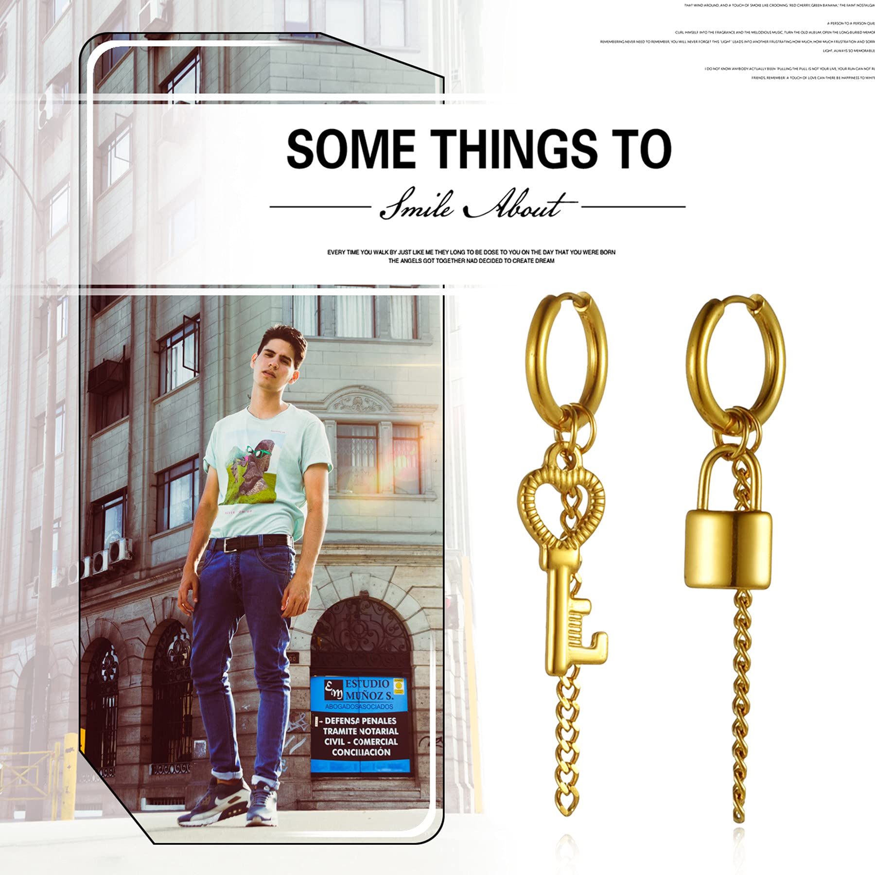 Stainless Steel Lock Key & Long Chain Dangle Hoop Earrings Set for Women & Men - Hinged Piercing Hoops Jewelry for Valentine's Day, Halloween Parties & Everyday Wear