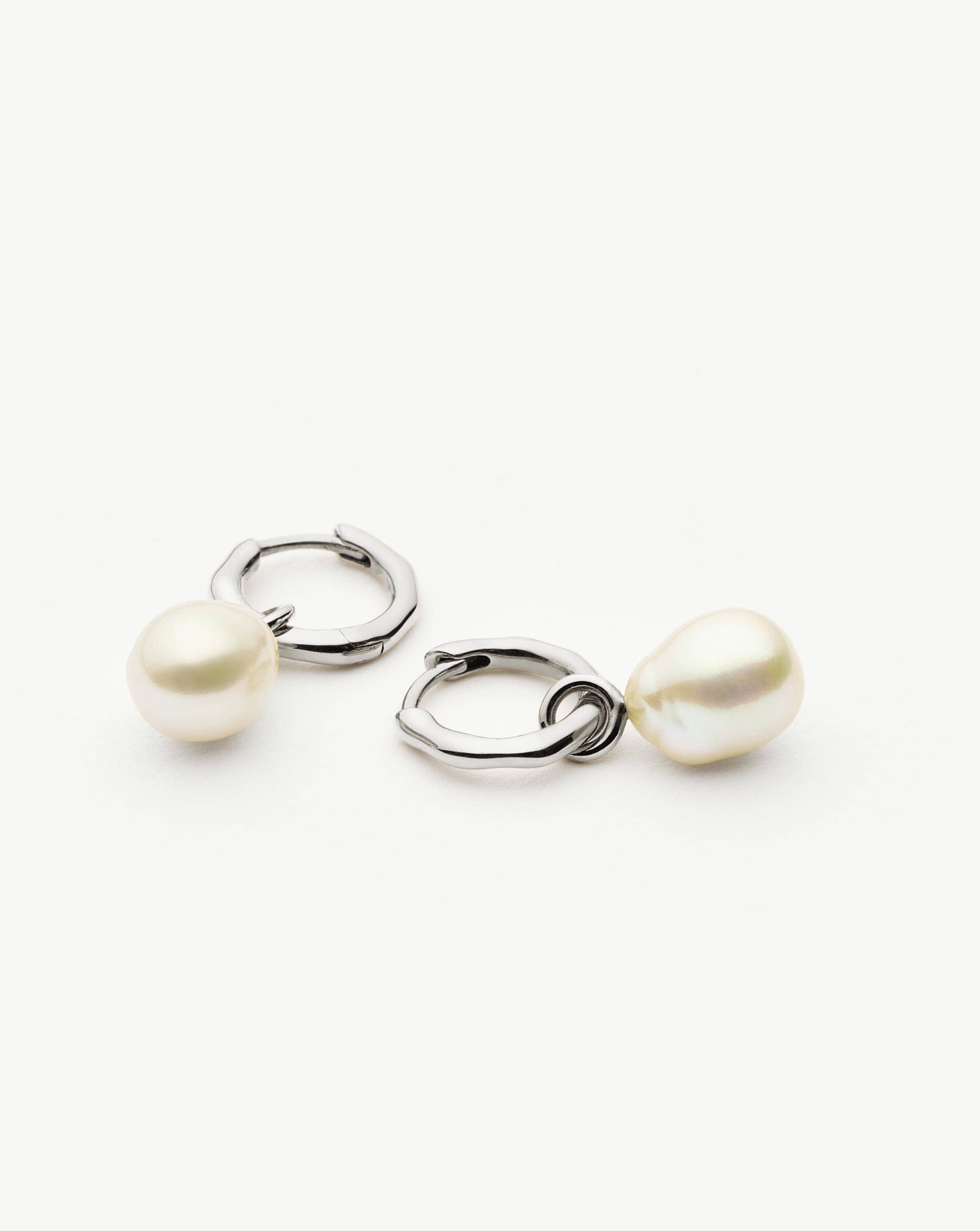 14K Solid White Gold Baroque Pearl Hoop Earrings | Organic Pearls for Women | Elegant Jewelry for Weddings, Parties & Special Occasions