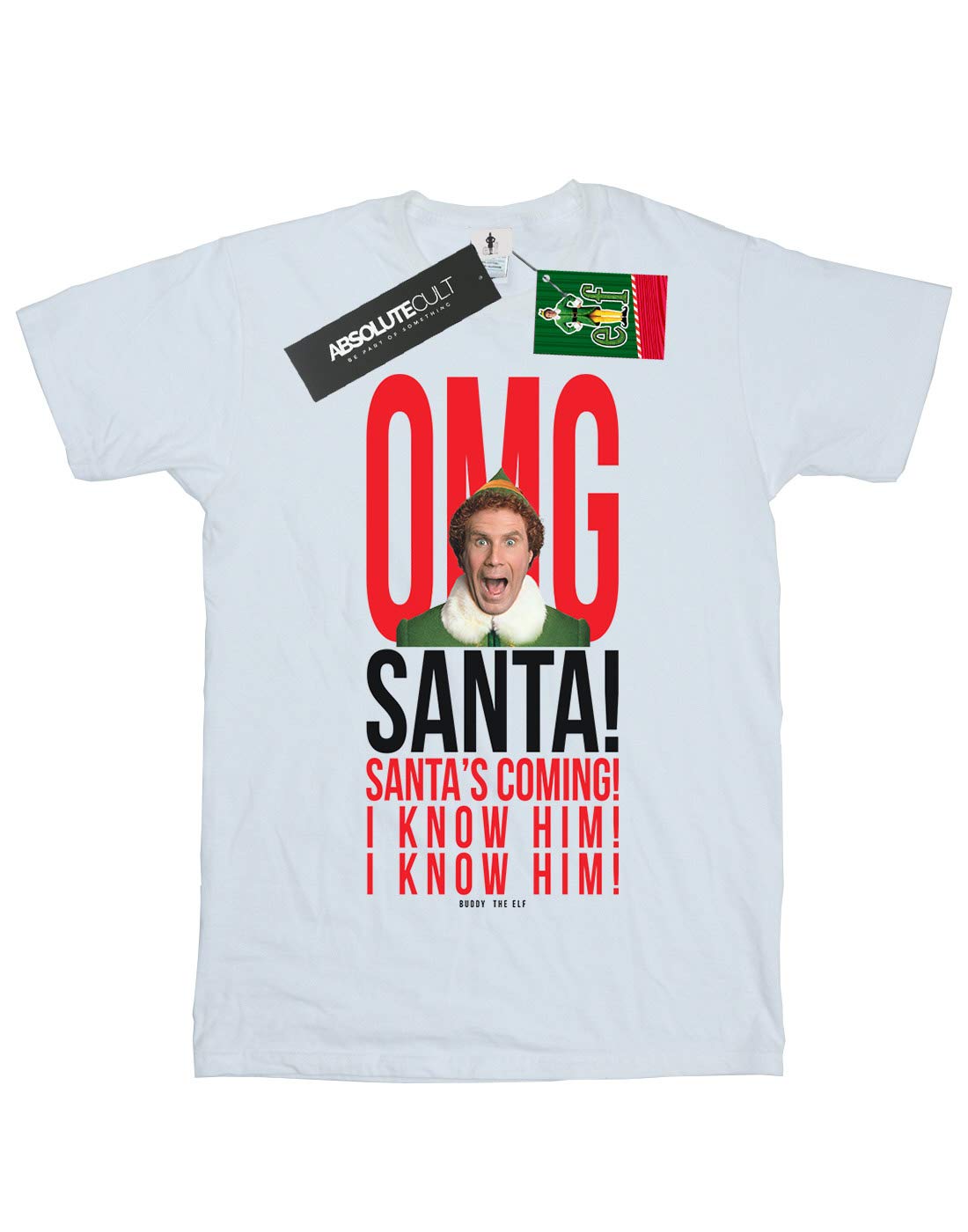 ABSOLUTECULT Elf Boys 'OMG Santa I Know Him' Christmas T-Shirt - White, Size 12-13 Years | Festive Holiday Outfit for Kids, Christmas Party & Family Gatherings