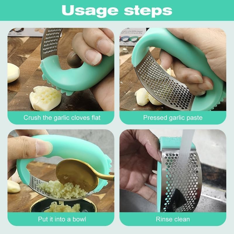 Stainless Steel Garlic Press Set with Peeler & Brush - Kitchen Tool for Smashing Garlic