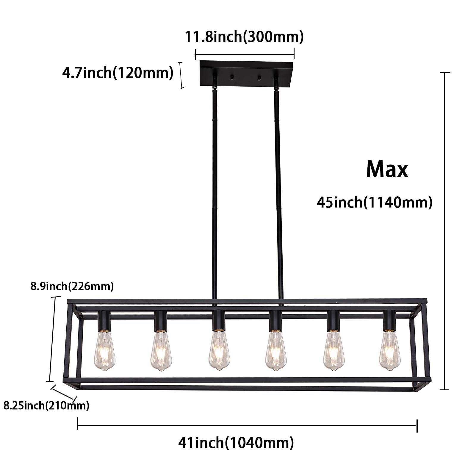 6-Light Black Metal Chandelier Lighting Fixture - Farmhouse Linear Rectangular Pendant Light for Kitchen Island & Dining Room Table | Perfect for Rustic Home Decor & Modern Farmhouse Interiors