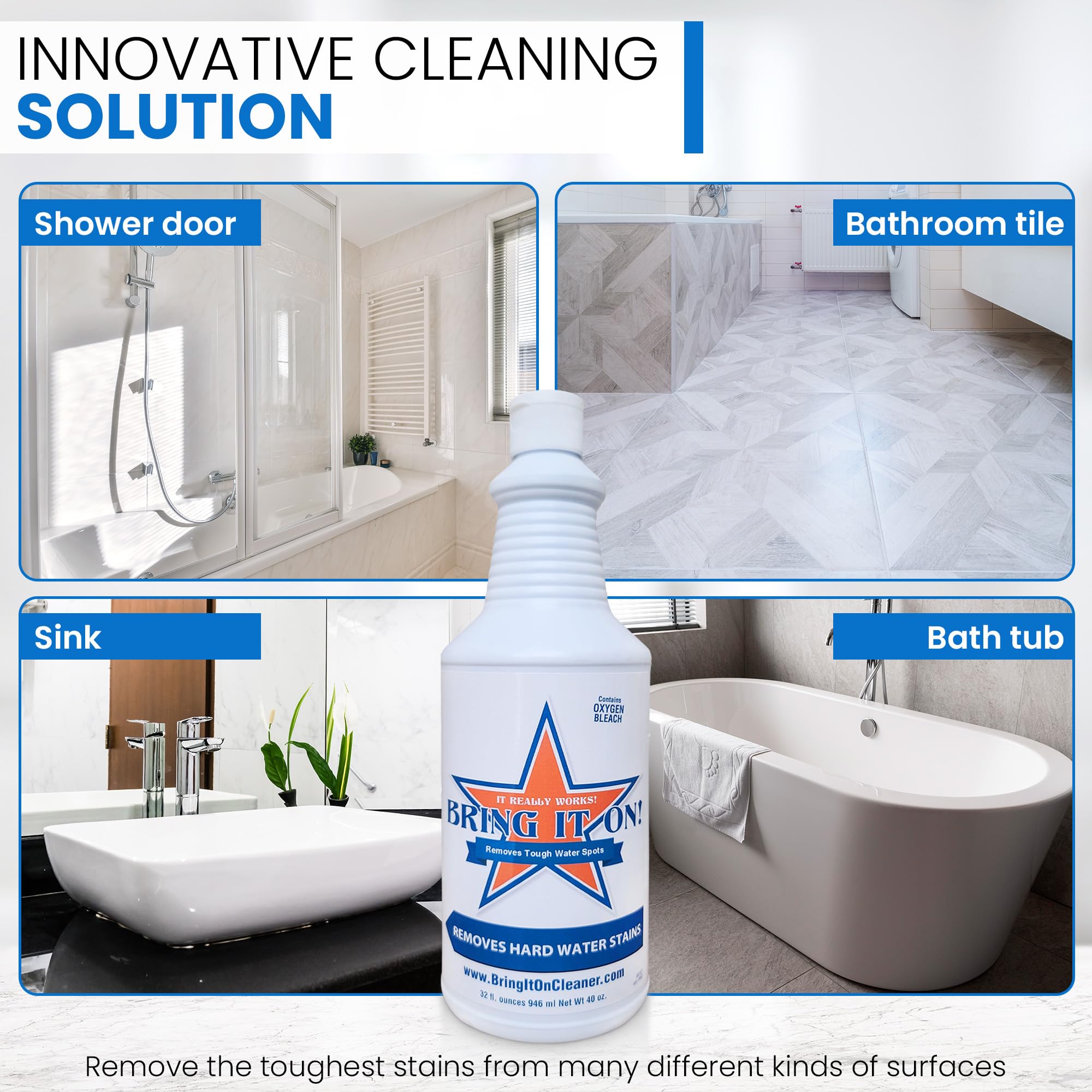 Powerful Hard Water Stain Remover - Eliminates Soap Scum, Calcium & Lime Scale | Works on Shower Doors, Tiles, Glass, Fiberglass, Bathroom Surfaces, Sinks & Stone | 32oz Heavy-Duty Cleaner | Perfect for Bathroom Cleaning, Kitchen Maintenance & Household Deep Cleaning